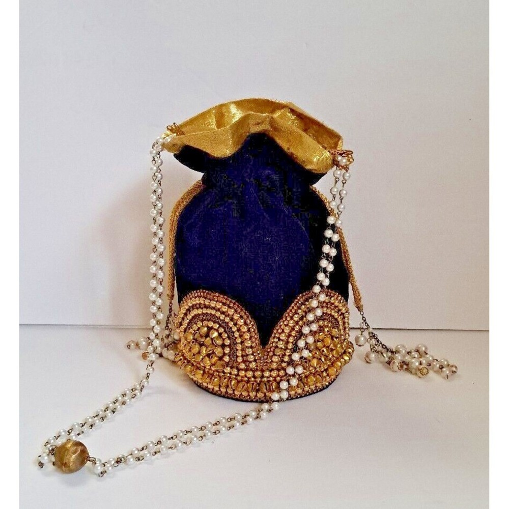 Royal Blue Velvet Potli Bag Gold Beadwork Pearl Handle Ethnic Wedding Clutch